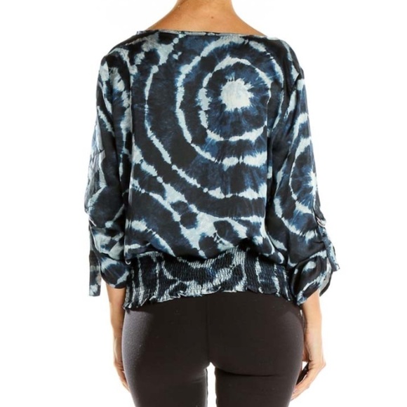 MICHAEL MICHAEL KORS Navy Blue Tie Dye Satin 3/4 Sleeve Roll Tab Blouse PETITE S - Picture 4 of 13